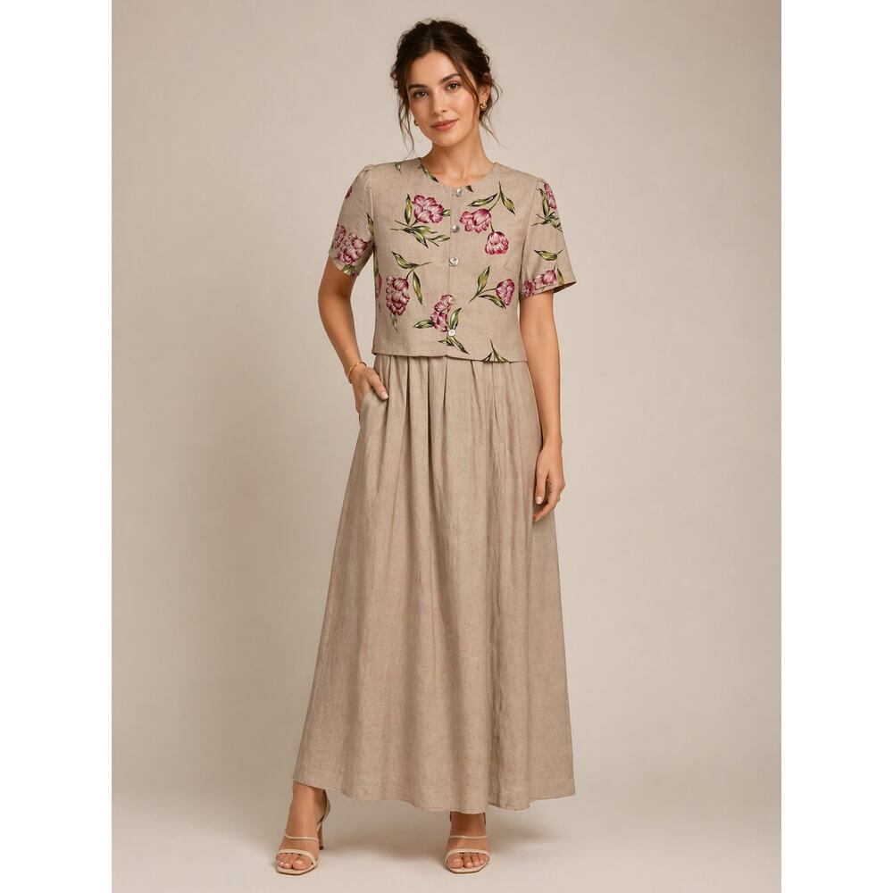 Vintage Just In Thyme Linen Blend Floral Maxi Dress 12 Modest Cottagecore 90s